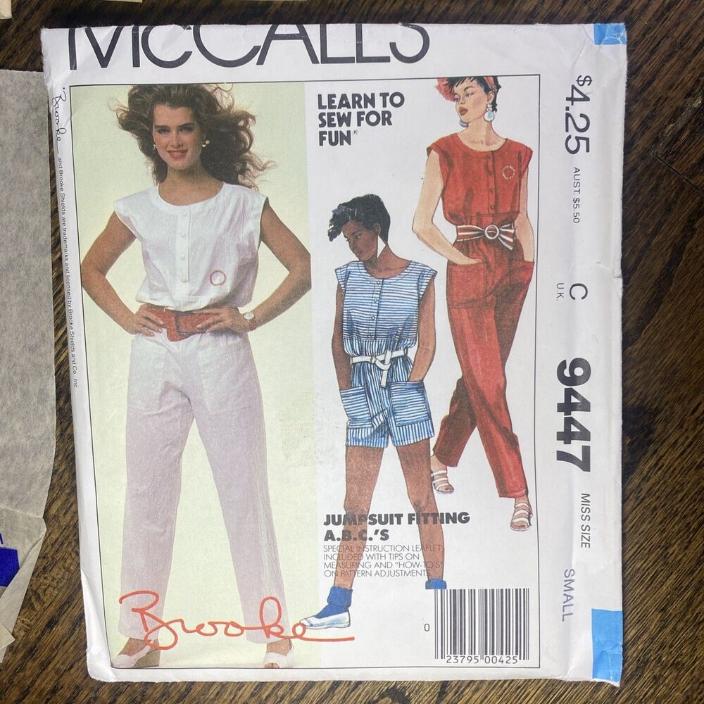 VTG McCall Pattern #9447 Jumpsuit Brooke Shields Logo Iron-on Transfers Sz Small
